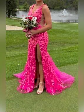 Beautiful Amarra long pink prom lace dress with Front Slit